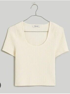 Madewell Basic White Ribbed Scoop Neck Short Sleeve Top - Cream XS 0 2 Summer